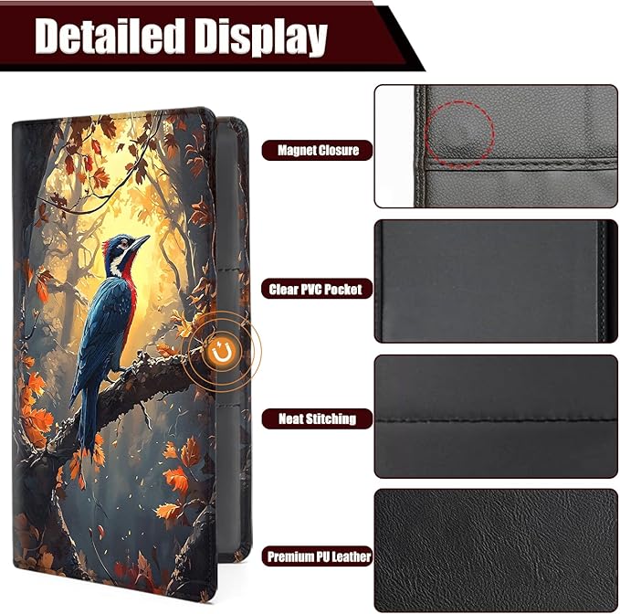 Car Document Holder with Magnetic Shut, Car Registration and Insurance Card Holder, Vehicle Glove Box Organizer Documents, Driver License, Auto Paperwork Organizer Wallet, Woodpecker In The Sun