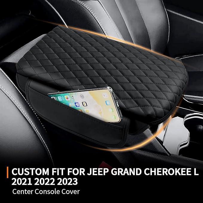 Custom for Center Console Cover Jeep Grand Cherokee L 2021-2025 2026/Jeep Grand Cherokee WL 2022-2026 Armrest Cover Accessories Leather Armrest Seat Box Cover Protector with Pockets Storage Bag