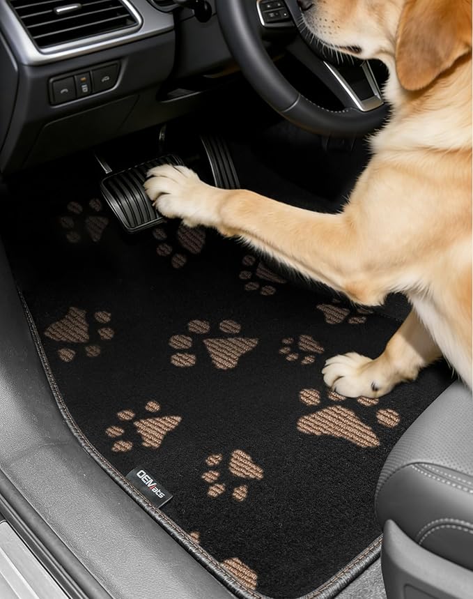 Cute Embroidered Dog Paw Car Floor Mats for Pet Lovers, Universal Fit All Weather Car Mats with Anti-Slip Nibbs Backing, Carpet Floor Mats for Cars, Trucks & Sedans, Full Set of 4 (Brown Paw)