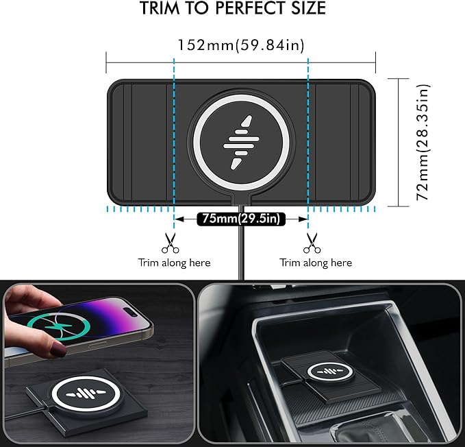 Wireless Car Charger Pad, LANSEMKU 15W Fast Car Wireless Charging Pad for Car Center Console DIY Trim-to-Fit, No Interior Damage,for iPhone 16 15 14 13 12 Pro Max, Samsung S23 S22 (100cm Cable)