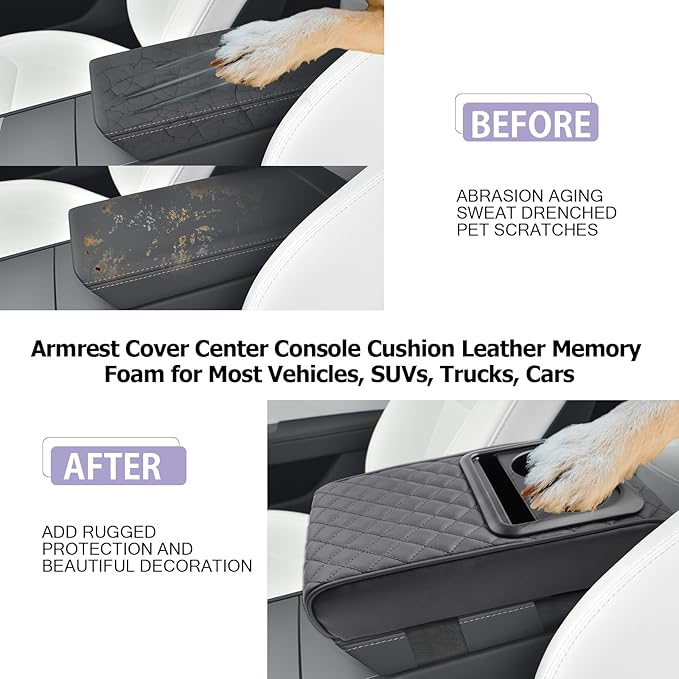 LUWU Car Center Console Cover Auto Armrest Cushion Middle Console Covers Arm Rest Cover Booster Pad Car Armrest Cover Center Console Cushion Leather Memory Foam for Most Vehicles, SUVs, Trucks, Cars