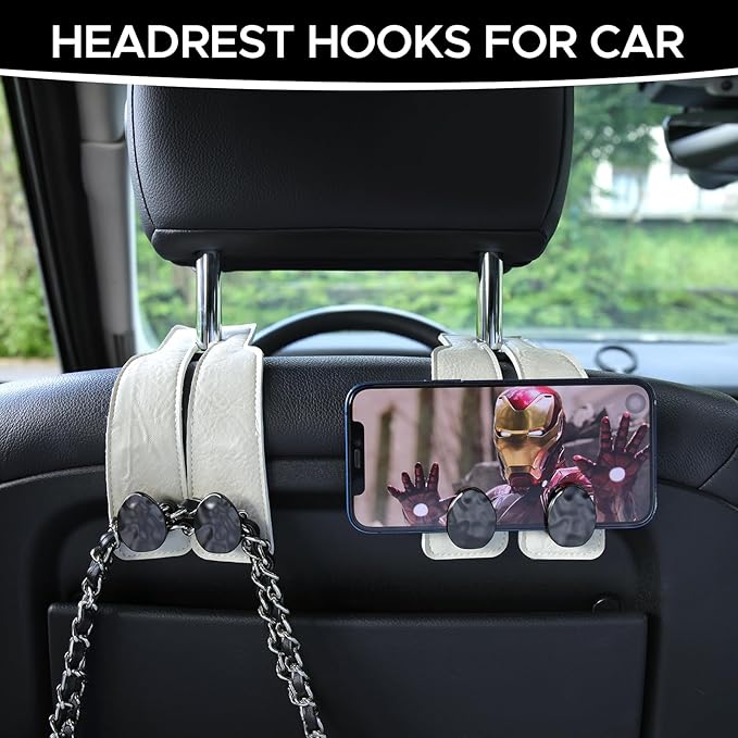 URIZZD 2PCS Leather Car Seat Hooks for Headrest, Vehicle Hanger Storage Organizer Universal for Handbag Purse, Car Accessories Gift (White-Black)