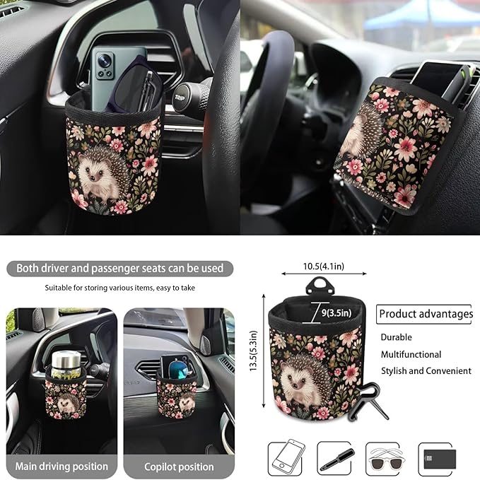 Hedgehog Flower Print Car Interior Accessories Sets, Flower Print Front Seat Covers and Rear Split Bench Seat Cover, Steering Wheel Protector, Universal Fits for Most Cars SUV Truck Sedan
