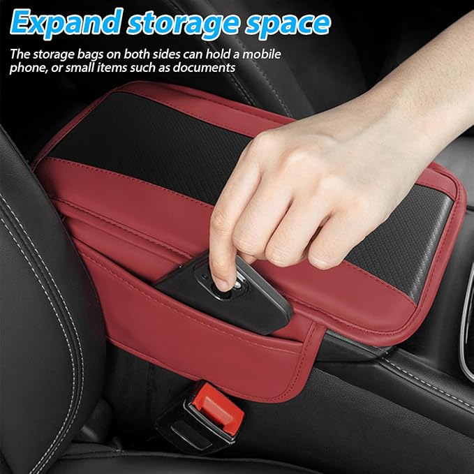 Mandark Car Center Console Cover with 2 Storage Bags, Auto Interior Arm Rest Storage Box Pad Accessories, Carbon Fiber Leather Vehicle Armrest Cushion, Universal for SUV, Truck, RV (Red)