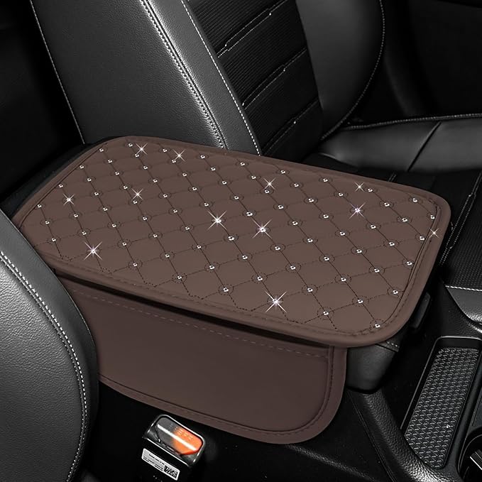 wuyaoyao Bling Car Center Console Cover, 11.81"×7.87" Leather Auto Arm Rest Cover Protector with 2 Storage Bags, Vehicle Crystal Rhinestone Armrest Cushion Pad, Interior Car Accessories (Coffee)
