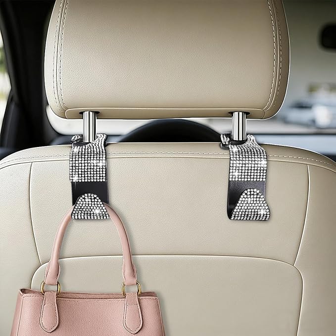 HZEL Bling Car Seat Headrest Hooks, 4PCS Crystal Rhinestone Vehicle Seat Back Hanger Holder for Purses Bag Handbags, Diamond Headrest Storage Organizer, Universal Auto Accessories (White)