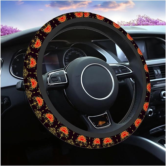 Swono Steering Wheel Covers Baroque Beautiful Ornamental Red Heart S with Crown Baroque Style Non Slip Neoprene Car Wrap Cover Comfort Grip Stretch-On Automotive Steering Wheel Protector 15 Inch
