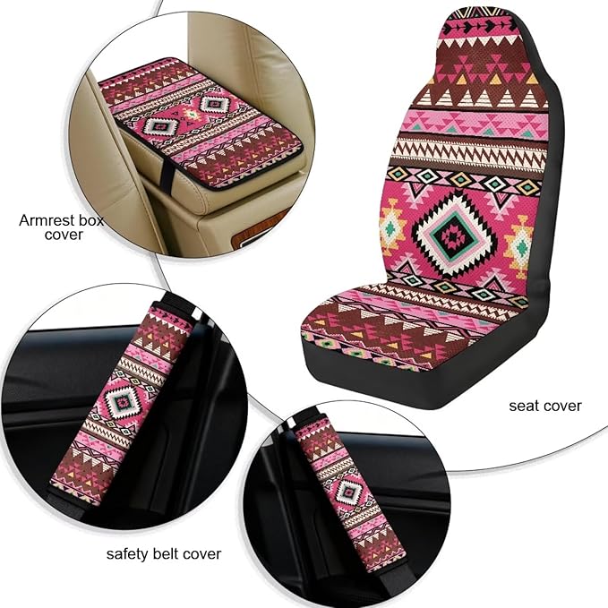 Qeluxign PU Leather Car Seat Covers Set - Pink Tribal Geometric-Includes 2 Seat Protectors, 2 Shoulder Pad Covers, 1 Armrest Cover for Car Decoration