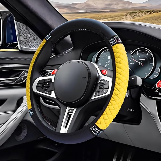 Bling Soft Leather Steering Wheel Cover, 15" Anti-Slip Sparkly Crystal Auto Elastic Steering Wheel Protector for Women Girl, Colorful Diamond Car Interior Accessory for Most Cars (Yellow)