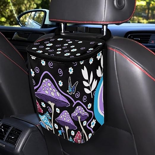Purple Hippie Mushroom Car Trash Bag Hanging Auto Garbage Bin Can with Lid,Leak Proof Reusable Adjustable Strap Car Garbage Bag for Travel/Picnic