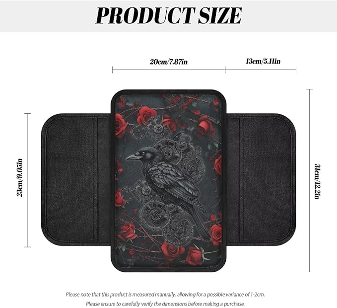 Dreaweet Car Armrest Cover for Women Gothic Crow Car Accessories Center Console Cover Replacement,Universal Arm Rest Cover for Car Console Covers with Pockets for Truck Sedan SUV