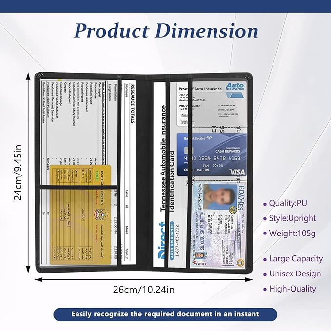 Car Registration & Insurance Card Holder PU Leather Vehicle Glove Box Organizer for License, ID, and Documents (Black)