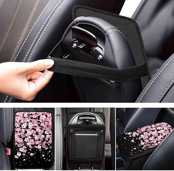 Cherry Blossom on Black Auto Center Console Cover Arm Rest Cover for SUV Truck,Soft Car Arm Rest Cover Universal Fit