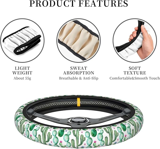 Green Cactus Steering Wheel Cover for Women Men Girls, Universal 15 Inch Cute Anti Slip Steering Wheel Protector Car Accessories Interior for Auto Truck SUV