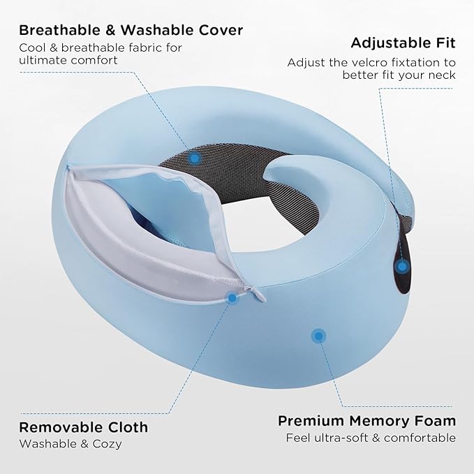4litamz Travel Neck Pillows, 100% Memory Foam Filling, Travel Pillows for Airplanes, Compact and Ergonomic Design, Best for Sleeping Plane Train Travel Essentials (Light Blue)