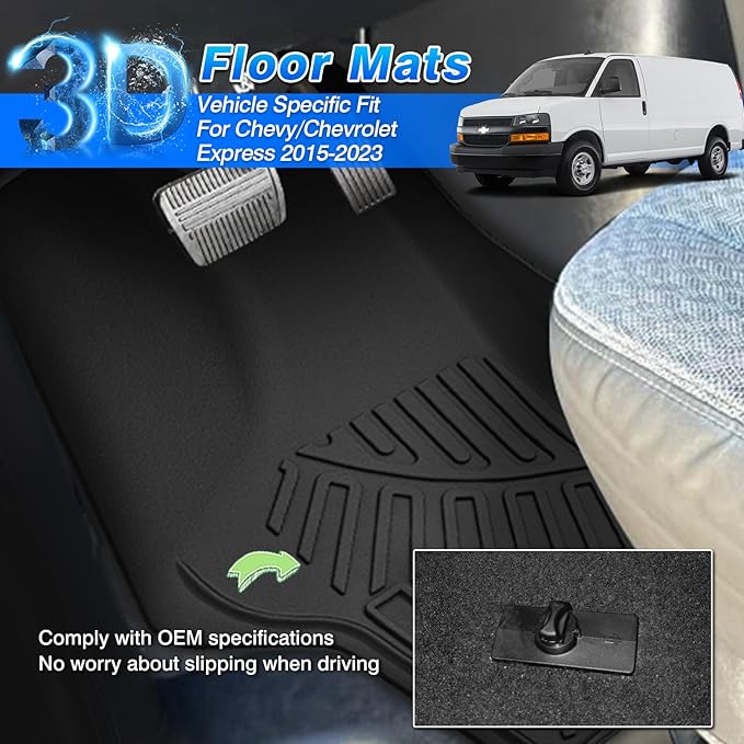 Express Floor Mats - Car Mats for 2015-2025 Chevrolet Chevy Express Van & GMC Savana Van 1500/2500/3500, All Weather Floor Mat for Express Accessories, Car Accessories