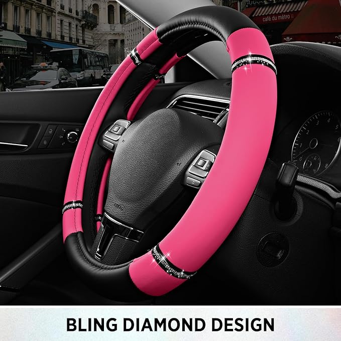Road Comfort Leather Steering Wheel Cover – Premium Anti-Slip Car Steering Wheel Grip Cover – Universal Fit for 14.5”–15.5” Cars, Trucks & SUVs - Hotpink