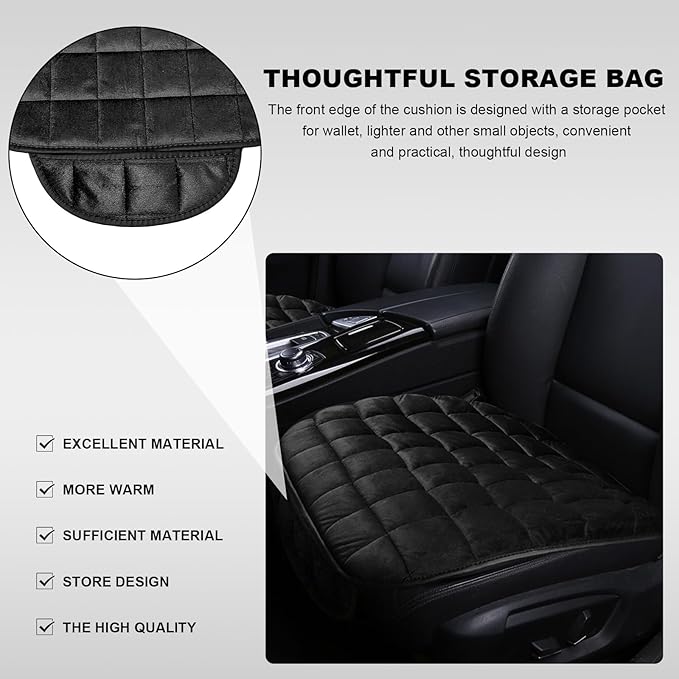 Car Seat Cushion, Soft Plush Auto Seat Cover with Non-Slip Silicone Bottom & Storage Pocket, Universal Breathable Vehicle Seat Cushion Pad for Car Truck SUV, Black