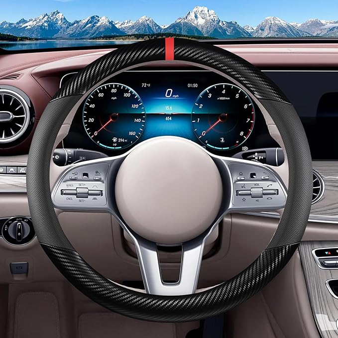 Black Carbon Fiber Leather Steering Wheel Cover, Microfiber Leather, Anti-Slip, Breathable, Universal Fit for 14.5–15 in Steering Wheel Cover for Men Women