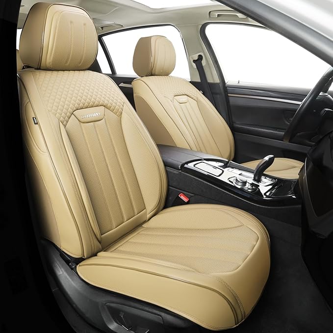 COVER EMPIRE Beige Leather Seat Covers, 5 Seats Universal Car Seat Covers Full Set, Waterproof Automotive Seat Covers Breathable Front and Rear Seat Covers for Most Sedans SUVs Trucks