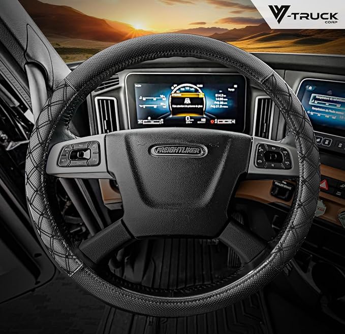 Genuine Leather Steering Wheel Cover for Semi Truck – 18" X-Large, Diamond Stitching, Anti-Slip Grip, Fits 18 Inch Wheels for Big Rig, RV & 18 Wheeler Trucks (Black/Black)
