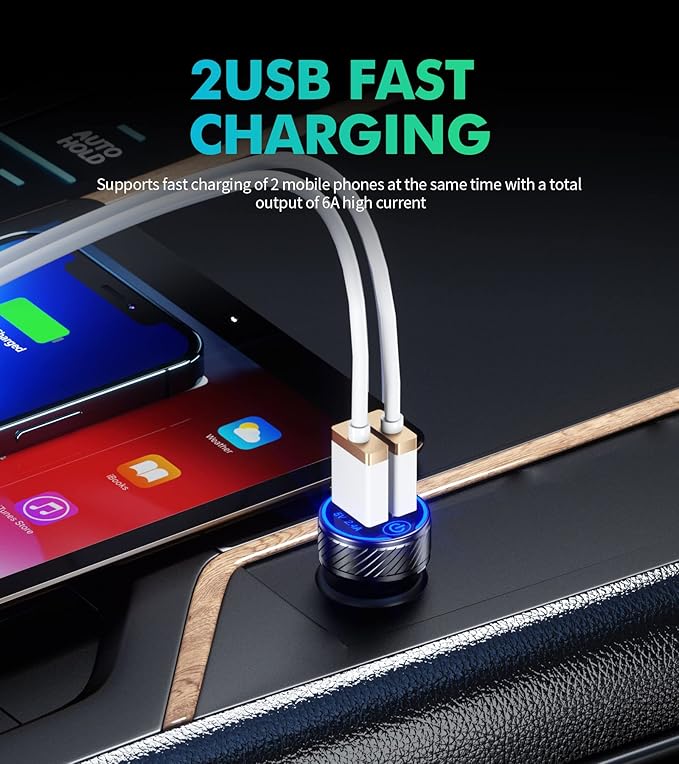 【2Pack】 USB Car Charger, Dual USB Port Cigarette Lighter Adapter, 5V/4.8A Charge Car Phone Charger with Blue LED & Touch Switch