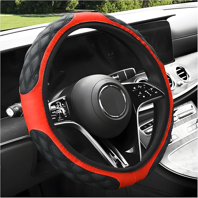Car Steering Wheel Cover, 15 Inches Non-Slip Leather Car Steering Wheel Protector, Universal Steering Wheel Soft Cover Mats for Car Truck SUV, Interior Car Accessories (Black & Red)