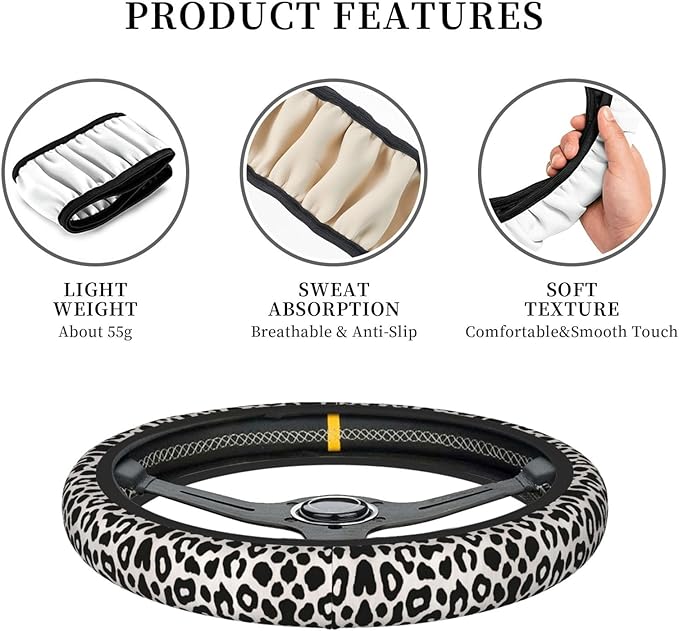 Black White Leopard Car Steering Wheel Cover, 15 Inch Steering Wheel Cover Stylish Decor for Most Cars