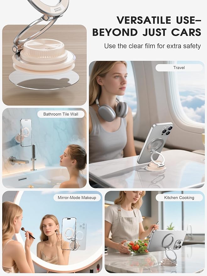 ETODBUWS Ultra-Thin Vacuum Magnetic Car Phone Holder for MagSafe[108+LBS Strongest Suction & 3000gf Strongest Magnetic],360°Adjustable Suction Cup Phone Mount for Car,Gym,Mirror,Men Women-Pale Pink