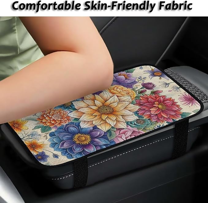 Bulopur Colorful Flowers Car Center Console Cushion Pad Flannel Center Console Cover Easy to Install Car Decor Accessories Auto Universal Car Interior Accessories Car Arm Rest Cover