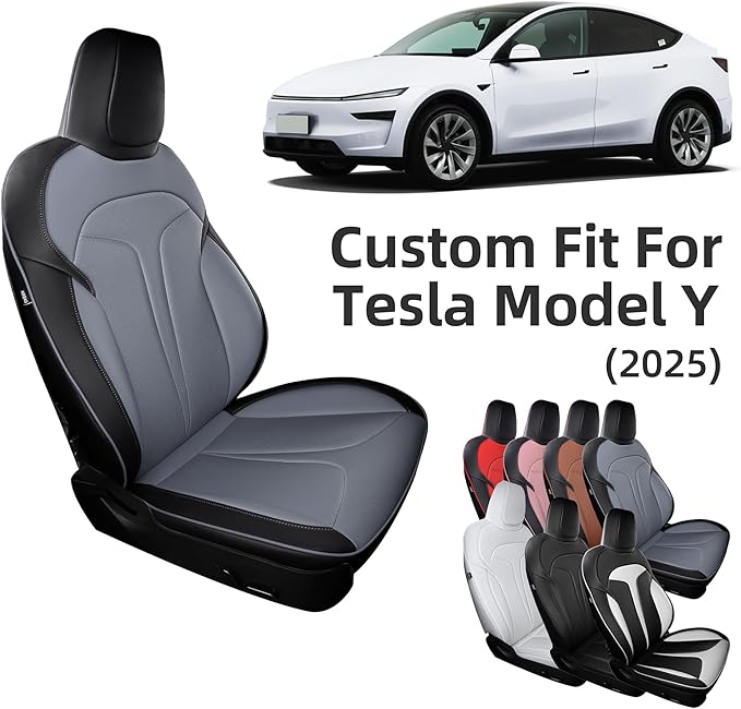 OURPLOT Custom Fit Seat Covers for 2025 2026 Tesla Model Y Juniper (5-Seater), Waterproof Breathable Nappa Leather, OEM Factory Style Full Set Car Seat Protectors Airbag Compatible - Black+Grey
