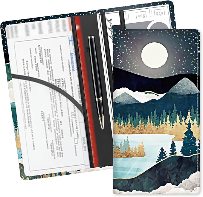 ADUQLZUX Leather Car Registration and Insurance Card Holder, Cute Car Accessories Vehicle Glove Box Car Organizer for Documents, Cards, License Beautiful Night Forest Mountain
