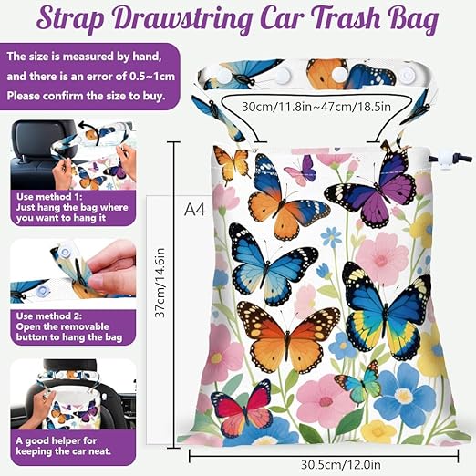 Butterflies Flowers Strap Drawstring Car Trash Bag Hanging Garbage Bag with Snap Buttons Car Back Seat Trash Storage Portable Dustbin Vehicle Trash Can Bag for Vehicle Travel Camping