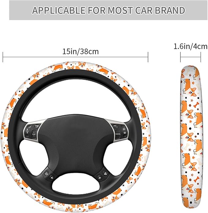 Swono Cute Dog Car Steering Wheel Cover Cartoon Dog Breed Welsh Corgi On A White Safe Driving Anti-Slip Steering Wheel Covers Steering Wheel Protection No Smell Universal 15 Inch
