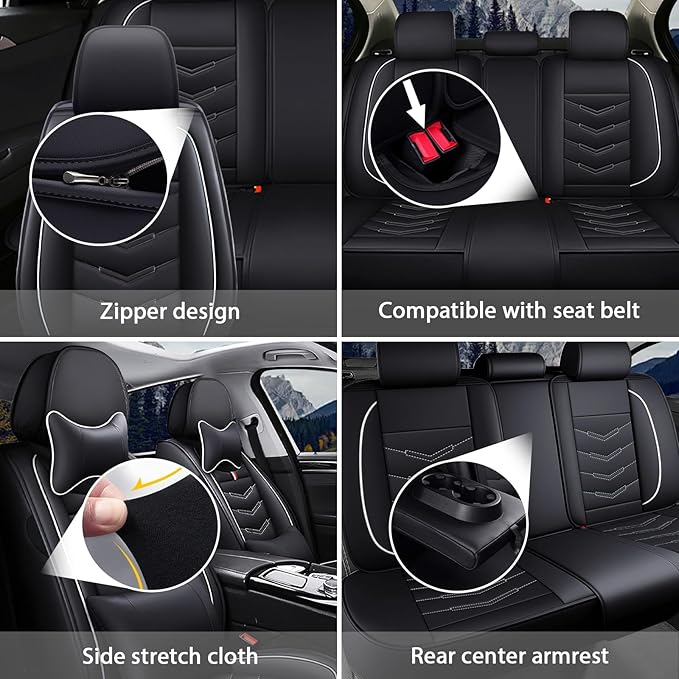 MVRVMV Luxury Car Seat Covers for GMC Acadia 2007-2026, Nappa Leather Auto Seat Cover with 2 Neck Pillows and 2 Lumbar Supports (5 Seat Luxury, Black-White)