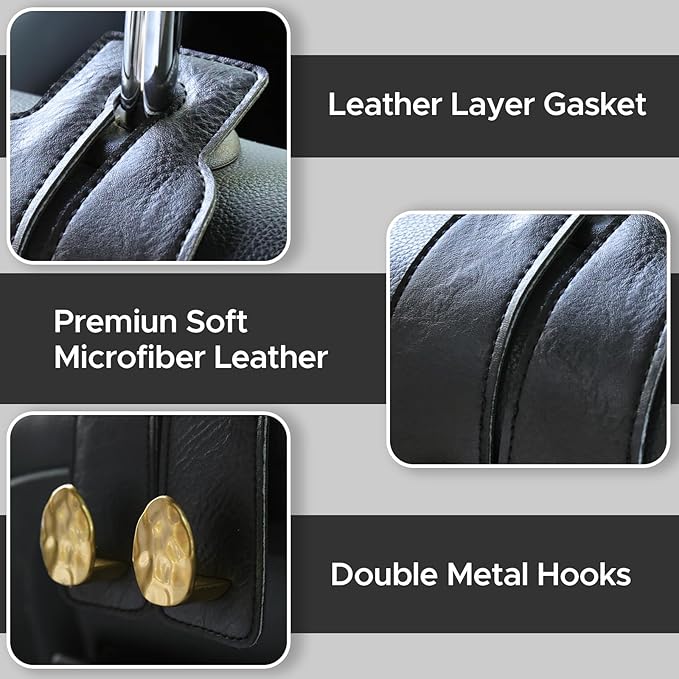 URIZZD 4 PCS Leather Car Seat Hooks for Headrest, Vehicle Hanger Storage Organizer Universal for Handbag Purse, Car Accessories Gift (Black-Gold-4 PCS)