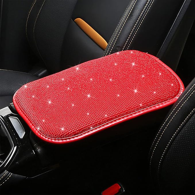 Moly Magnolia Bling Center Console Cover, Diamond Fashion ArmRest Pad, Crystal Soft Arm Rest Protective Cushion, Car Accessories for Women Girls, 11.8"×8.5" for Most of Vehicles, SUVs, Trucks (Red)