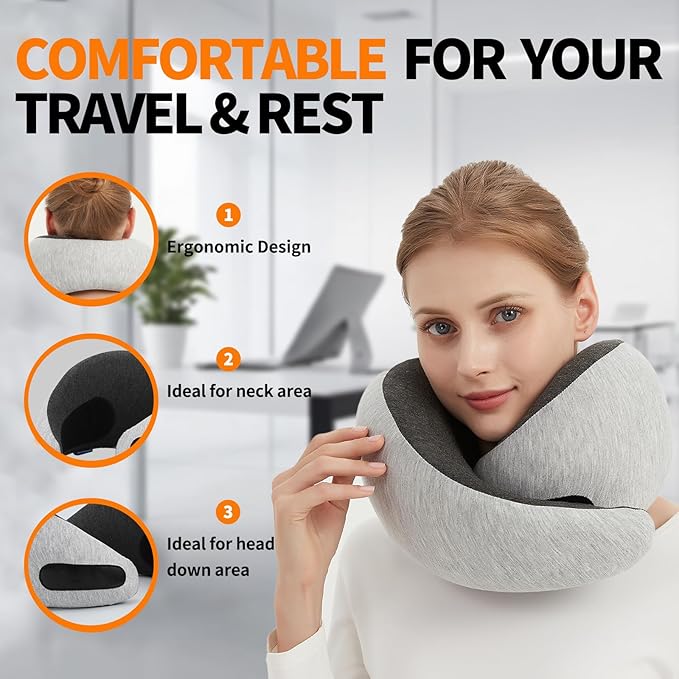 Ziixmile Travel Neck Pillow for Airplane – Memory Foam 360° Support Compact Design Ergonomic Flight Pillow for Sleeping & Neck Support Portable Travel Pillows for Adults, Car, Office Home (Grey)