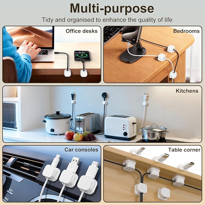 10 Pack Magnetic Cable Clips, Cord Organizer Holder with Strong Adhesive, Desk Cable Management for Home Office Car Desktop Nightstand, Adjustable Wire Keeper (White)