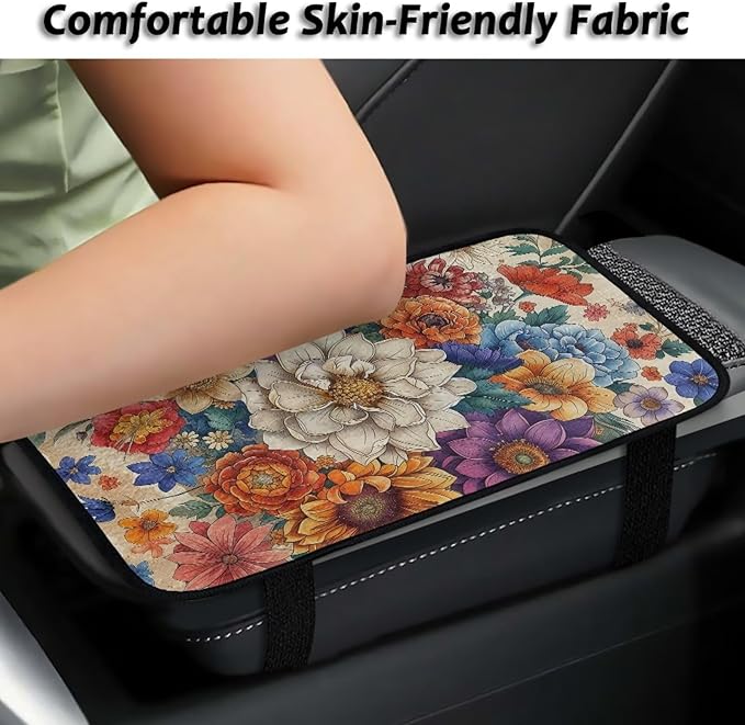 Bulopur Hippie Flower Armrest Cover Car Center Console Cover Easy to Install Car Armrest Cushion Flannel Protector Protect from Pet Claws Thickened Fit for Most Cars, Vehicles, SUVs
