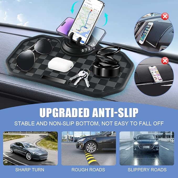 NHHEO Car Anti Slip Mat Dashboard Tray Decorations Sticky Pad Multi Functional Thickened and Widened Washable with 360° Rotating Universal Phone Pad Holder+Number Plate(Black&Gray)