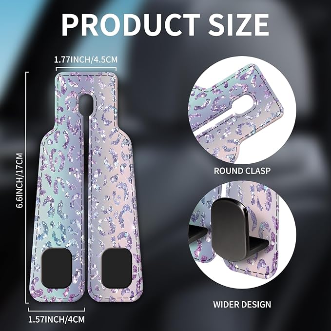 NUGGHU Car Seat Headrest Hook, Universal Leather Cute Hanger Holder Hook, Storage Organizer Interior Accessories for Purse Bags Handbag Glitter Purple Leopard