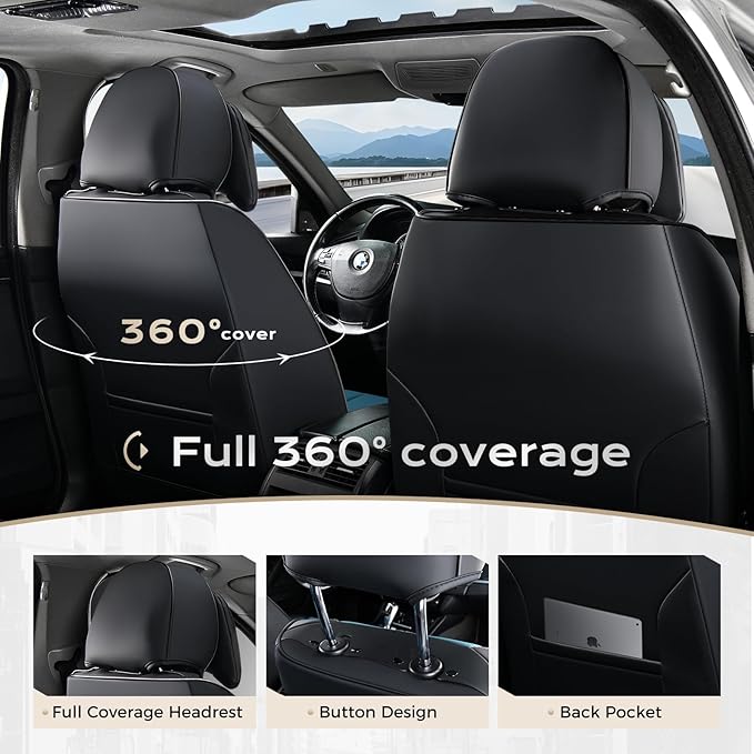 Coverado Seat Covers Full Set, Seat Covers for Cars, 5 Seats Waterproof Nappa Leather Car Seat Covers with Head Pillow, Seat Protectors Car Seat Cushion Universal Fit for Most Cars (Black&Blue)