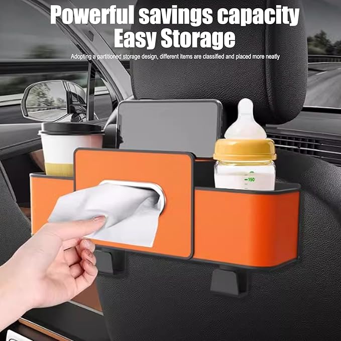 Car Back Seat Organizer with Hooks & Tissue Dispenser – Faux Leather Storage Box with Cup Holders, Multi-Compartment for Sunglasses & Chargers, Compatible with Most Seat Orange 2pcs