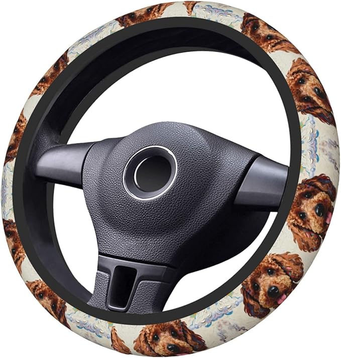Multi-Color Poodle Dog Neoprene Steering Wheel Covers Women Men Car Accessories, Universal 15 Inch Fit Auto, Suvs, Truck