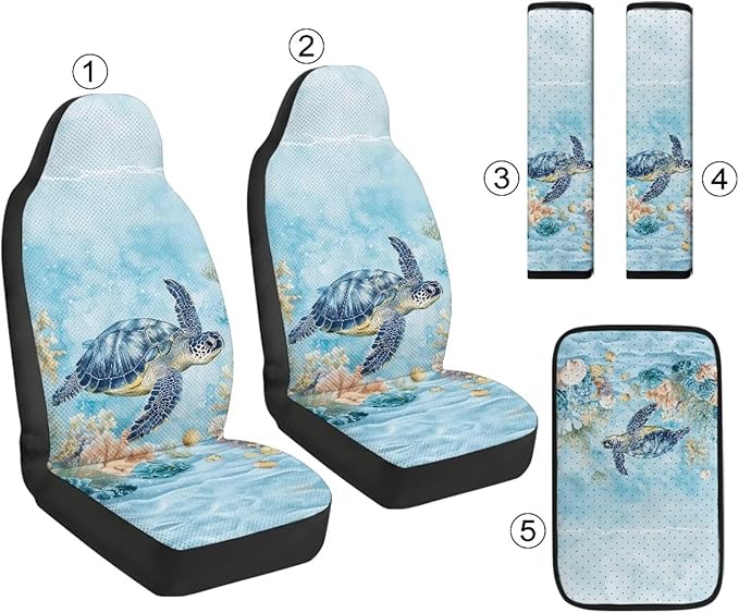 Qeluxign 5 Pieces Car Seat Cover Full Set,Sea Turtle Ocean Coral Seat Covers Car Seatbelt Pads Vehicle Center Console Armrest Cover Pad for Truck SUV Sedan Automotive Interior Decor Accessorie