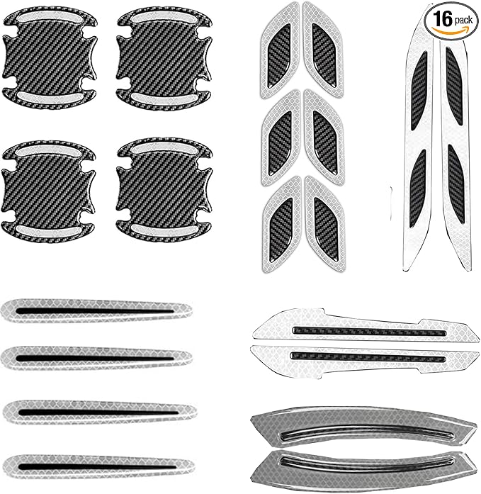 16 Piece Reflective Car Sticker Set Mirror Warning Sticker Car Door Handle Protector Reflective Self-Adhesive and Scratch Free Paint Protective Film (White)