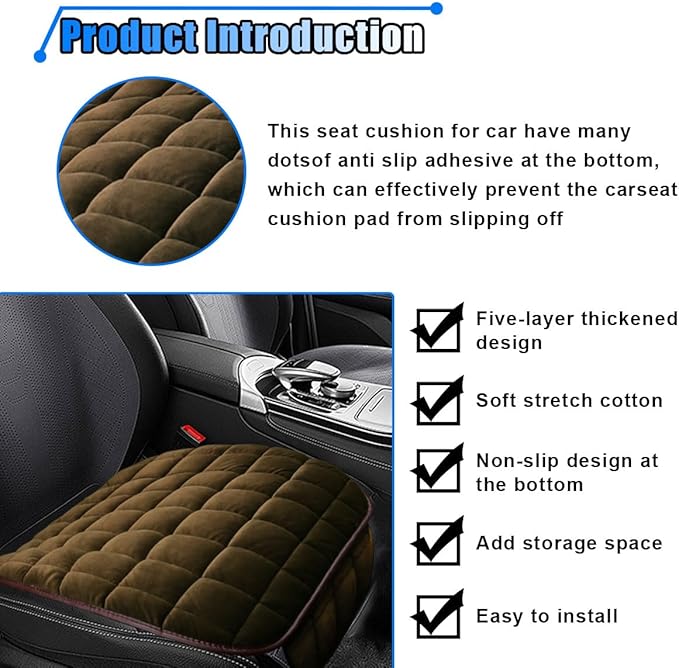 Car Seat Cushion, Soft Plush Vehicle Driver Seat Pad with Storage Pocket, Flat Non-Slip Rubber Bottom, Universal Seat Protector Cover for Truck, Car, SUV, Home, Office, Chair(Coffee)
