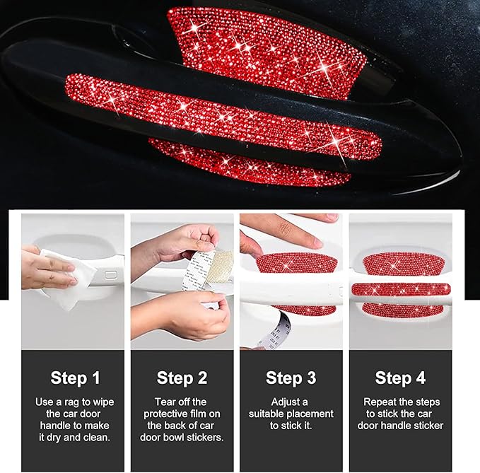BetterJonny 10PCS Crystal Scratches Protector, Rhinestone Handle Stickers Bling Protection for Women's Car Stickers (Red)