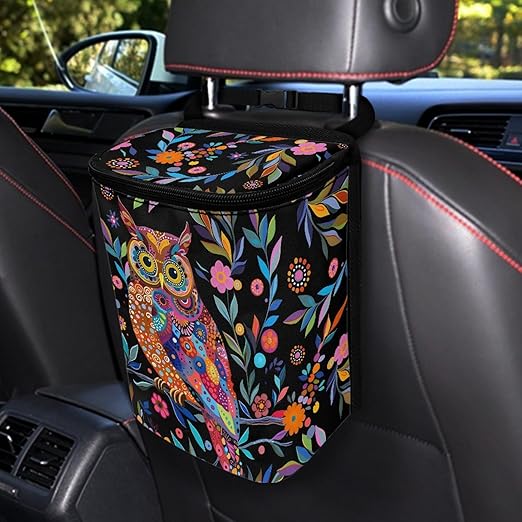 Unique Car Accessories Bohemian Style Owl Garbage Bin,Zippered Hanging Design